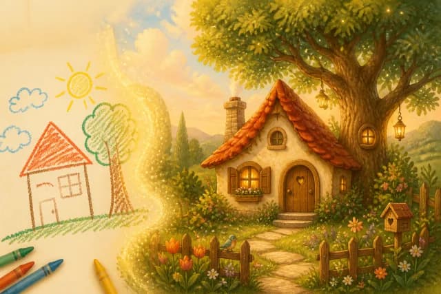 孩子画的蜡笔小屋,被 AI 变成温暖的绘本插画