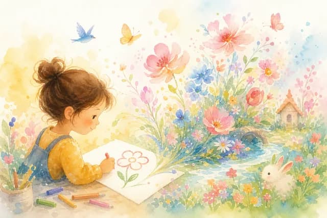 孩子画的小花,被 AI 变成水彩花园